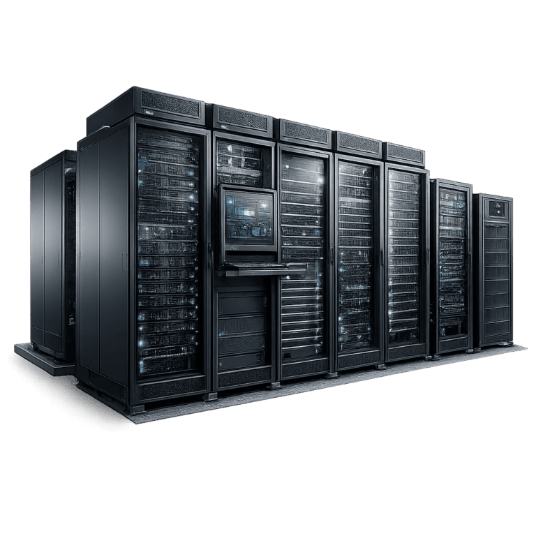 A row of black server racks with blinking lights and a central monitor, set against a plain white background.