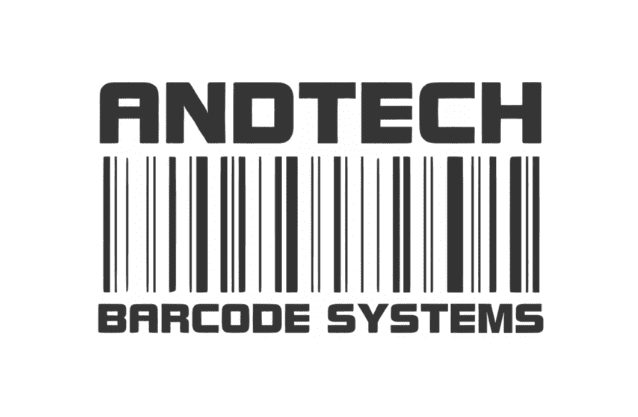 Das ANDTECH BARCODE SYSTEMS-Logo mit dem fettgedruckten Schriftzug „ANDTECH“ über einem großen Barcode und dem fettgedruckten Schriftzug „BARCODE SYSTEMS“ unterhalb des Barcodes, alles auf hellem Hintergrund.