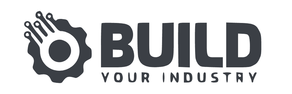 Logo mit einem Zahnrad- und Schaltkreis-Motiv neben dem Schriftzug „BUILD YOUR INDUSTRY“, wobei der Buchstabe „R“ in „YOUR“ durch ein auf dem Kopf stehendes „V“ ersetzt ist.