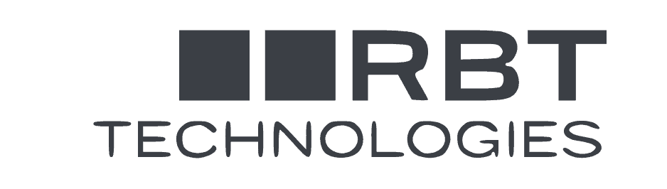 Logo mit zwei schwarzen Quadraten, gefolgt von den Buchstaben „RBT“ über dem Wort „TECHNOLOGIES“ in einer modernen, fetten Schrift auf hellem Hintergrund.