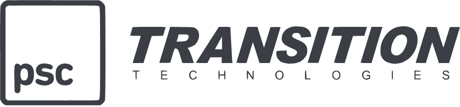 Logo mit „psc“ in einem Quadrat auf der linken Seite und „TRANSITION TECHNOLOGIES“ in fetter und normaler Schriftart auf der rechten Seite. Der Text ist dunkelgrau auf hellem Hintergrund.