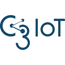 Logo für C3 IoT mit stilisierten Buchstaben: ein großes C mit zwei verbundenen Punkten im Inneren, die die 3 bilden, gefolgt von IoT in Großbuchstaben, alles in Dunkelblau auf hellblauem Hintergrund.