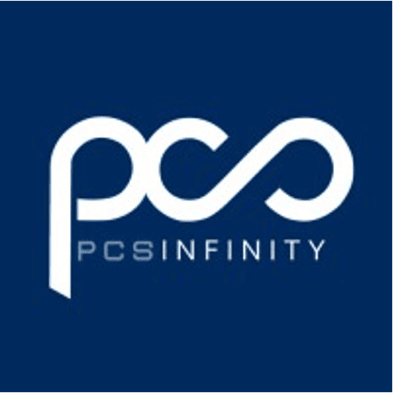 Weißes PCS Infinity-Logo auf dunkelblauem Hintergrund. Die PCS-Buchstaben sind stilisiert, wobei das S eine Unendlichkeitsschleife bildet. Der Text PCS INFINITY erscheint unter dem Logo in Großbuchstaben.