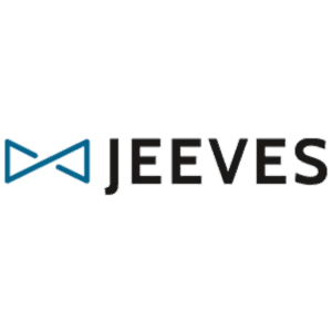 Das Bild zeigt das Wort JEEVES in fetter schwarzer Schrift mit einer blauen Fliege links neben dem Text auf hellblauem Hintergrund.