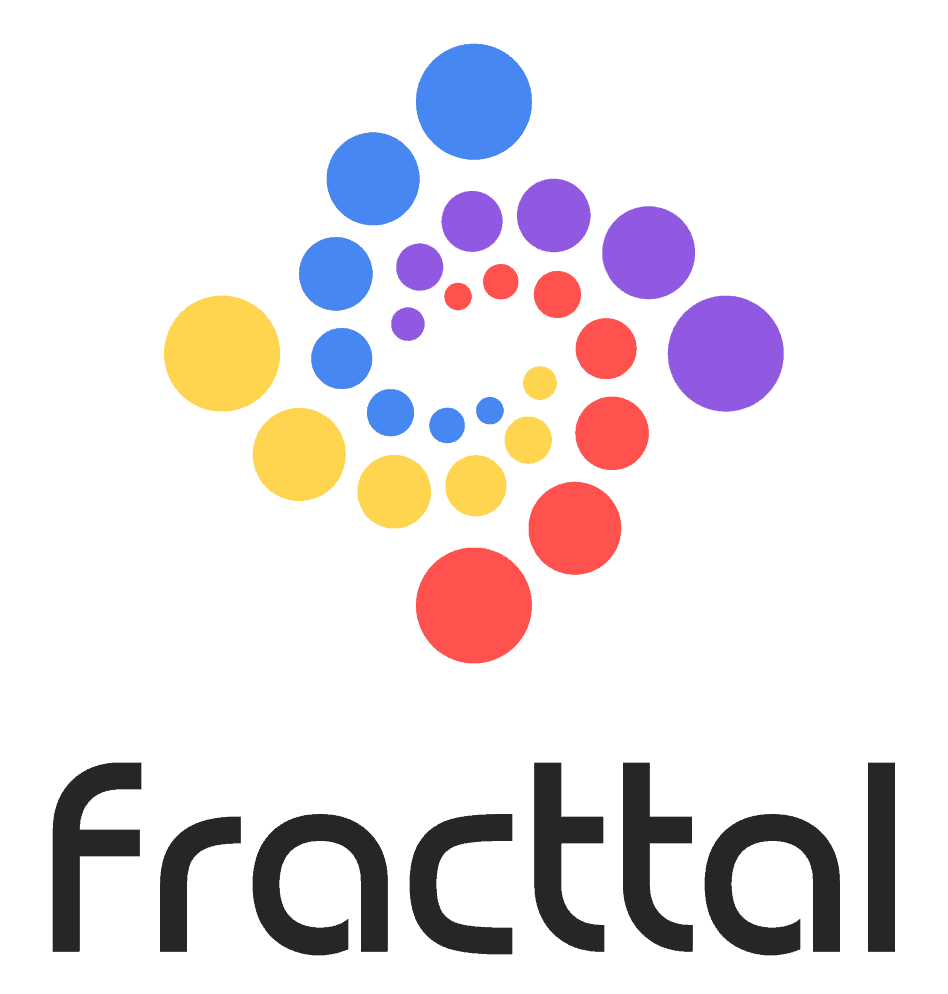 Logo mit dem Wort fracttal in schwarzen Kleinbuchstaben. Über dem Text befindet sich eine Spirale aus farbigen Kreisen, die von gelb zu blau auf rotem Hintergrund übergehen.