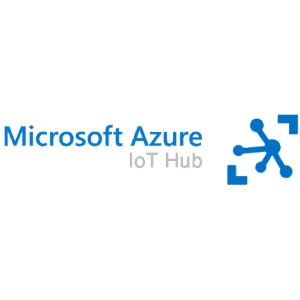 Microsoft Azure IoT Hub-Logo mit den Worten Microsoft Azure IoT Hub und einem Netzwerkknoten-Symbol auf blauem Hintergrund.