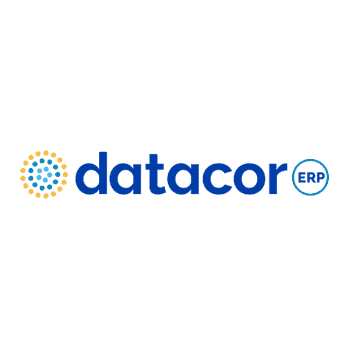 Das Datacor-ERP-Logo mit blauem Text in Kleinbuchstaben und einem kreisförmigen, gepunkteten Symbol in Gelb und Blau links davon.