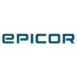 The image shows the word EPICOR in bold, teal, geometric uppercase letters on a light gray background.