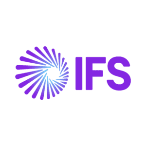 Das Bild zeigt das IFS-Logo mit den Buchstaben IFS in fetter lila Schrift neben einem kreisförmigen, spiralförmigen Muster aus lila und blauen Linien. Der Hintergrund ist transparent.