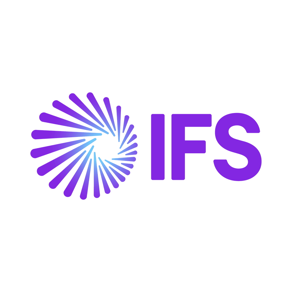 Das Bild zeigt das IFS-Logo mit den Buchstaben IFS in fetter lila Schrift neben einem kreisförmigen, spiralförmigen Muster aus lila und blauen Linien. Der Hintergrund ist transparent.