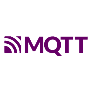 Das Bild zeigt das MQTT-Logo mit fetten lilafarbenen Buchstaben in der Schreibweise MQTT neben einem quadratischen Symbol mit drei weißen gebogenen Linien auf lilafarbenem Hintergrund, das an ein Funksignal erinnert.