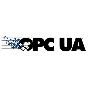 Das OPC UA-Logo besteht aus den Buchstaben OPC UA in fetter schwarzer Schrift und einer Reihe kleiner blauer und schwarzer Blöcke, die links vom O ein Farbverlaufsmuster bilden.