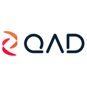 Das QAD-Logo zeigt links abstrakte orangefarbene und rosafarbene Formen sowie die Buchstaben „QAD“ in einer modernen, dunkelblauen Schrift auf hellem Hintergrund.
