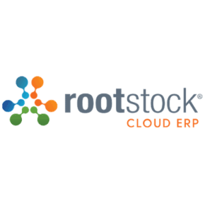 Das Rootstock Cloud ERP-Logo mit einem mehrfarbigen, molekülähnlichen Symbol auf der linken Seite und dem Schriftzug „rootstock CLOUD ERP“ in Grau und Orange auf hellem Hintergrund.