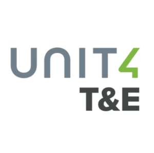 Das Bild zeigt das Logo von Unit4 T&E, wobei „Unit4“ in grauer und grüner Schrift und „T&E“ darunter in fetter schwarzer Schrift auf hellgrauem Hintergrund zu sehen ist.
