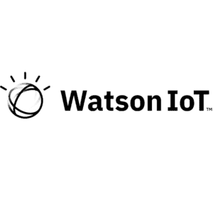 IBM Watson IoT-Logo mit einer stilisierten Weltkugel mit Orbitlinien auf der linken Seite und dem Text Watson IoT in fetten schwarzen Buchstaben auf der rechten Seite.