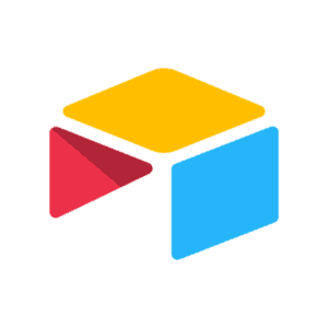 Ein geometrisches Logo mit einem gelben Parallelogramm oben, einem roten Dreieck links und einem blauen Rechteck rechts, das eine abstrakte dreidimensionale Form bildet.