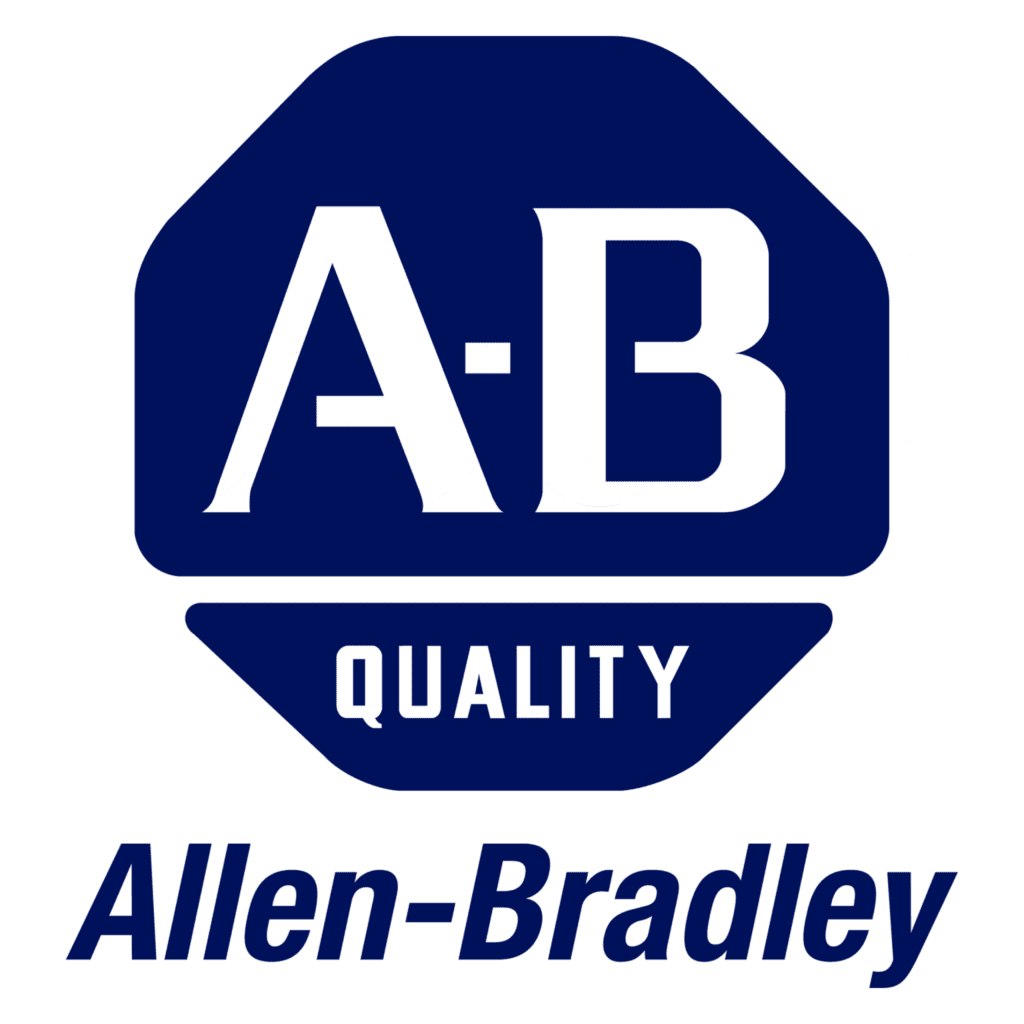 Allen-Bradley-Logo mit einem Sechseck mit A-B darin, QUALITY in einem rechteckigen Balken darunter und Allen-Bradley darunter in fetter kursiver Schrift.