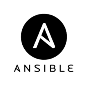 Das Ansible-Logo zeigt ein fettes weißes A in einem schwarzen Kreis mit dem Wort ANSIBLE in stilisierten schwarzen Buchstaben unterhalb des Kreises auf einem transparenten Hintergrund.
