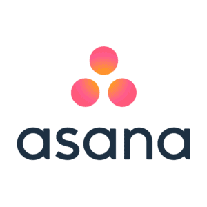 Das Asana-Logo besteht aus drei rosa-orangefarbenen Punkten, die in einem Dreieck über dem Wort Asana in fetten, dunkelblauen Kleinbuchstaben angeordnet sind.
