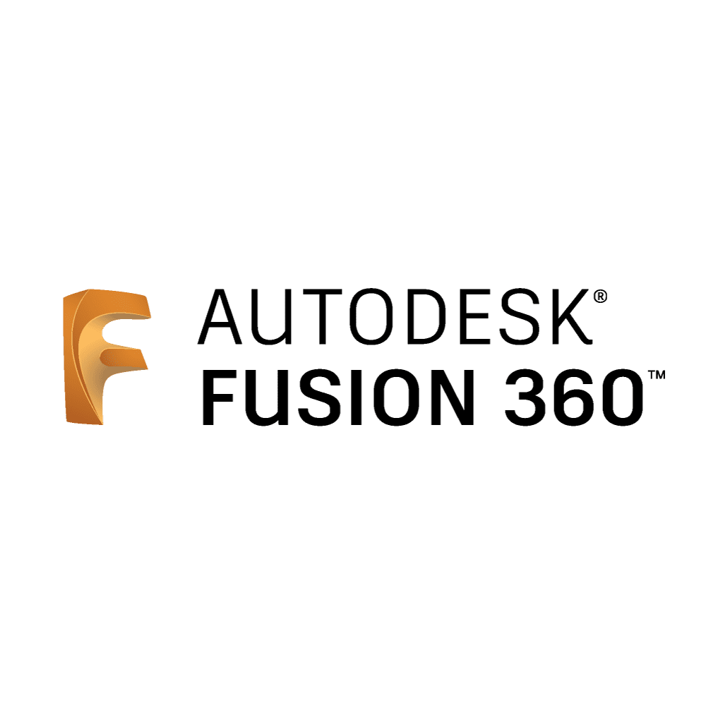 Logo von Autodesk Fusion 360 mit einem stilisierten orangefarbenen F auf der linken Seite und der Aufschrift AUTODESK FUSION 360 in schwarzen Großbuchstaben auf der rechten Seite.