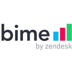 Logo für bime von zendesk. Das Wort bime steht in fetten schwarzen Buchstaben, gefolgt von drei vertikalen Balken in Blau, Rosa und Grün. Unterhalb von bime erscheint der Text by zendesk in Hellgrau.