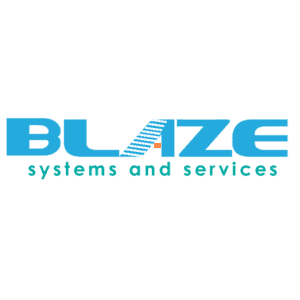 Logo für BLAIZE Systeme und Dienstleistungen in blauer Schrift. Der Buchstabe I in BLAIZE ist mit weißen diagonalen Streifen und einem orangefarbenen Dreieck am unteren Rand stilisiert.
