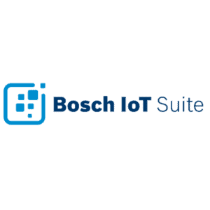 Logo für Bosch IoT Suite mit einem blauen quadratischen Symbol mit abgerundeten Ecken und kleineren geometrischen Formen im Inneren, neben dem Text Bosch IoT Suite in schwarzen und grauen Buchstaben.