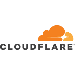 Cloudflare-Logo mit einer orangefarbenen Wolke mit einem weißen Ausbruch neben dem Wort CLOUDFLARE in fetten, dunkelgrauen Großbuchstaben auf braunem Hintergrund.