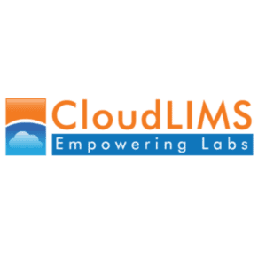 CloudLIMS-Logo mit einem orangefarbenen Quadrat, das eine blaue und weiße Wolke zeigt, neben dem Text CloudLIMS in Orange und Empowering Labs in Weiß auf blauem Hintergrund.