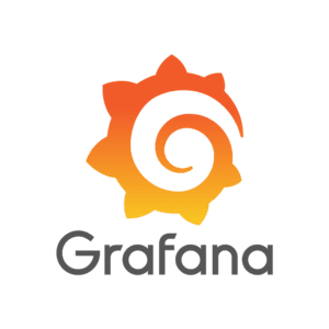Das Bild zeigt das Grafana-Logo mit einer orangefarbenen und gelben Sonnenspirale über dem in grauen Kleinbuchstaben geschriebenen Wort Grafana.