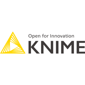 KNIME-Logo mit einem gelben Dreiecksmuster auf der linken Seite und dem Schriftzug Open for Innovation KNIME in dunkelgrauer Schrift auf der rechten Seite vor einem dunklen Hintergrund.