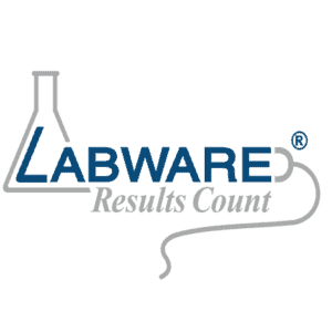 Logo für LabWare mit einem Laborkolben, der den Buchstaben L in LabWare umreißt, mit den Worten LabWare und Results Count daneben. Vom abschließenden E geht eine Linie aus, die an Laborschläuche erinnert.