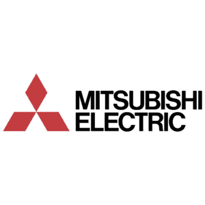 Das Bild zeigt das Logo von Mitsubishi Electric mit drei roten Rauten, die auf der linken Seite eine dreieckige Form bilden, und dem Schriftzug MITSUBISHI ELECTRIC in fetten schwarzen Buchstaben auf der rechten Seite.