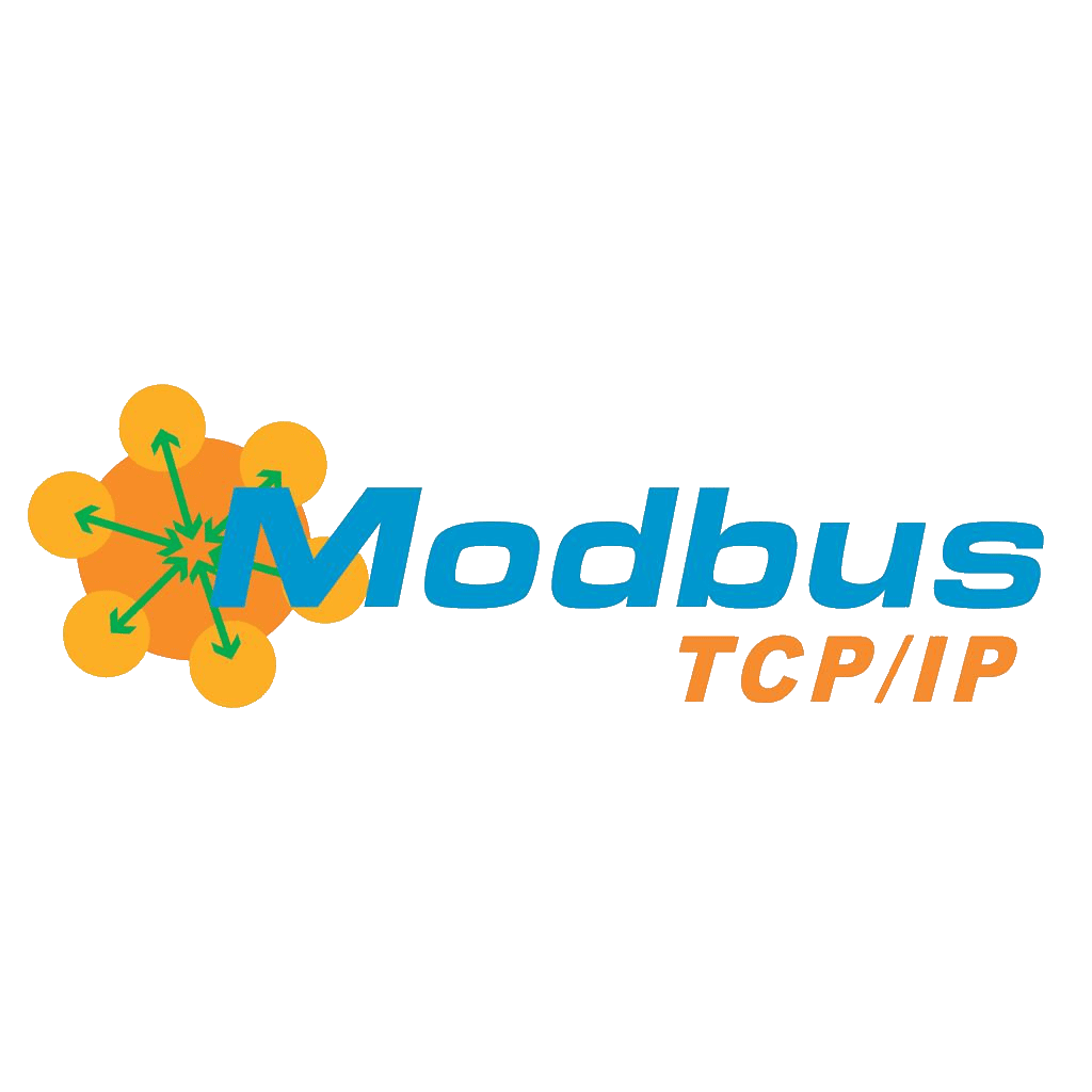 Das Modbus TCP/IP-Logo mit blauem Modbus-Text und orangem TCP/IP-Text neben einem gelb-orangenen Netzwerkdiagramm aus verbundenen Kreisen und grünen Pfeilen.