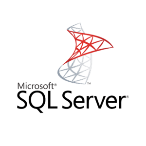 Microsoft SQL Server Logo mit einem stilisierten, abstrakten Design in Rot und Grau über dem Text Microsoft SQL Server auf einem transparenten Hintergrund.