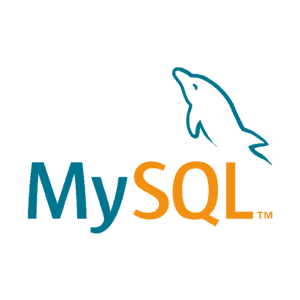Das MySQL-Logo zeigt das Wort MySQL mit My in Blau und SQL in Orange, begleitet von der Kontur eines springenden Delphins über dem Text, alles auf einem blaugrünen Hintergrund.