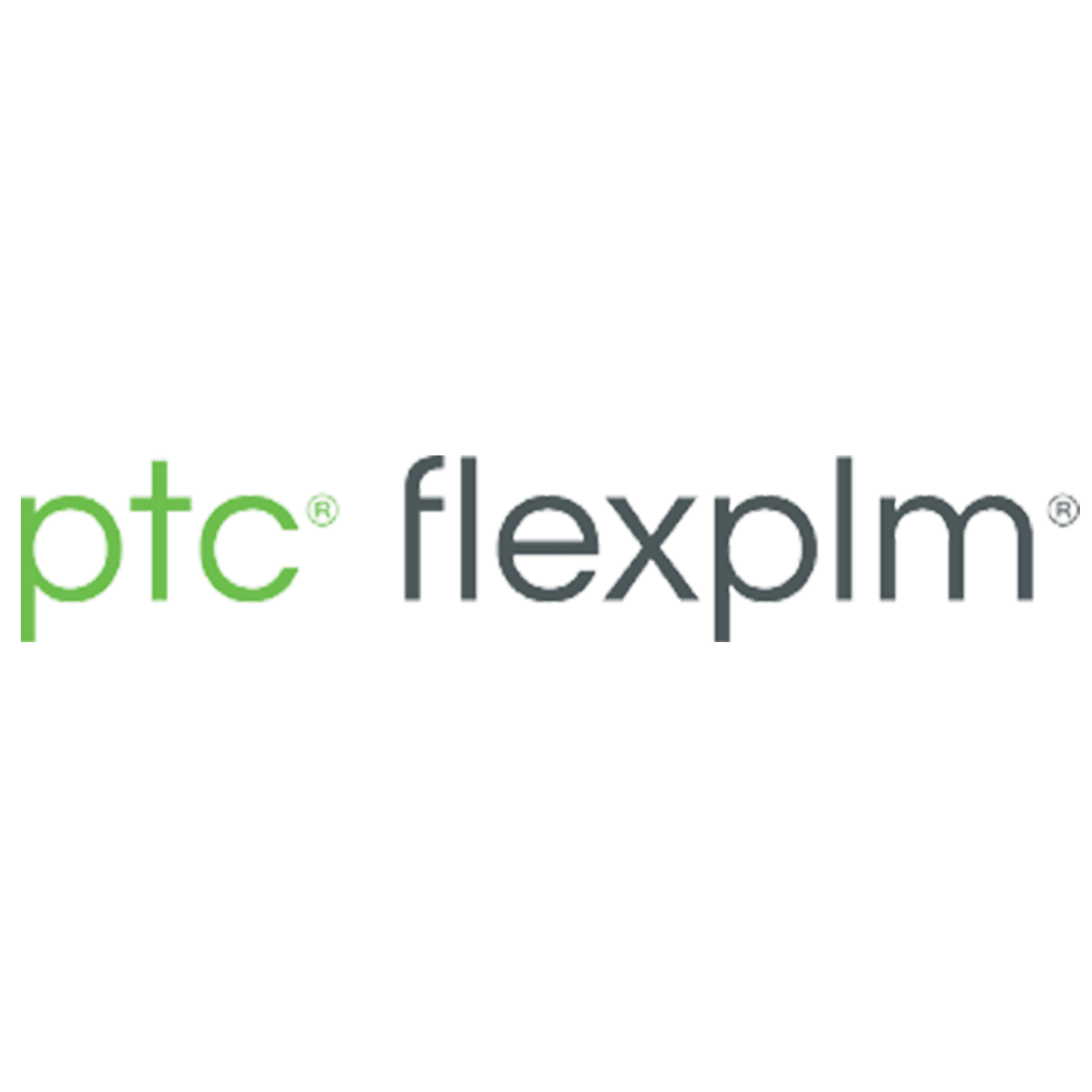 Logo mit den Worten ptc in hellgrünen Kleinbuchstaben und flexplm in dunkelgrauen Kleinbuchstaben, beide gefolgt von einem eingetragenen Markensymbol, auf transparentem Hintergrund.