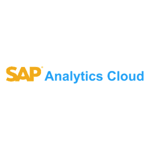 SAP-Analytics-Cloud-Logo mit SAP in fetten gelben Buchstaben, gefolgt von Analytics Cloud in hellblauem Text, alles vor einem soliden hellblauen Hintergrund.