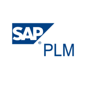 Das Bild zeigt das SAP PLM-Logo, mit SAP in fetten weißen Buchstaben auf blauem Hintergrund und PLM in blauer Schrift rechts daneben.