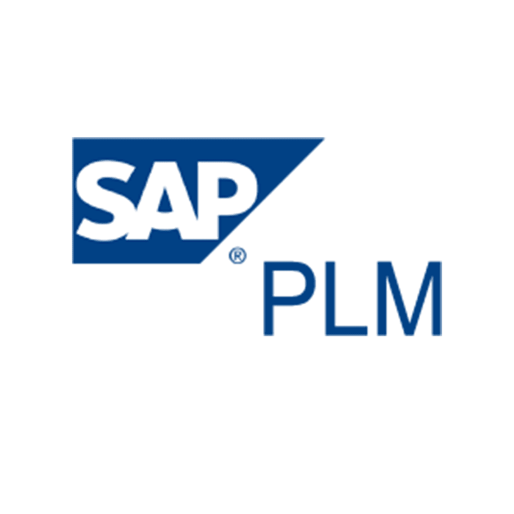 Das Bild zeigt das SAP PLM-Logo, mit SAP in fetten weißen Buchstaben auf blauem Hintergrund und PLM in blauer Schrift rechts daneben.