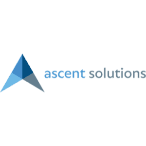 Logo mit einem stilisierten dreieckigen A-Design in Blautönen auf der linken Seite und dem Text ascent solutions in Kleinbuchstaben, mit ascent in Hellblau und solutions in Grau, auf transparentem Hintergrund.