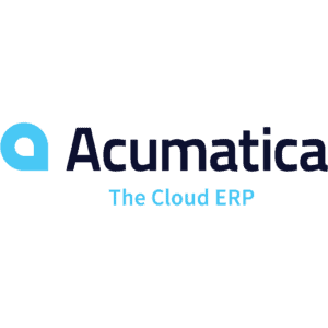Das Acumatica-Logo besteht aus einem blauen Symbol, das einem kleinen a auf der linken Seite ähnelt, und dem Schriftzug Acumatica The Cloud ERP in dunkel- und hellblauem Text auf blauem Hintergrund.