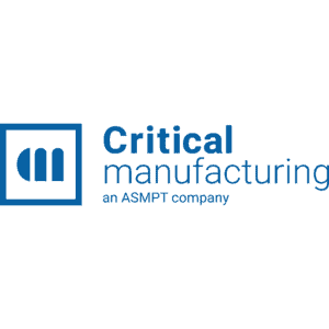 Logo von Critical Manufacturing, einem ASMPT-Unternehmen, mit einem blauen Quadrat mit einem stilisierten m auf der linken Seite und dem Firmennamen in blauer Schrift auf der rechten Seite.