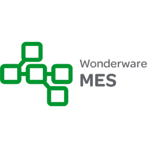 Wonderware MES-Logo mit zusammenhängenden Quadraten auf der linken Seite und dem Text Wonderware MES in Grau auf der rechten Seite.