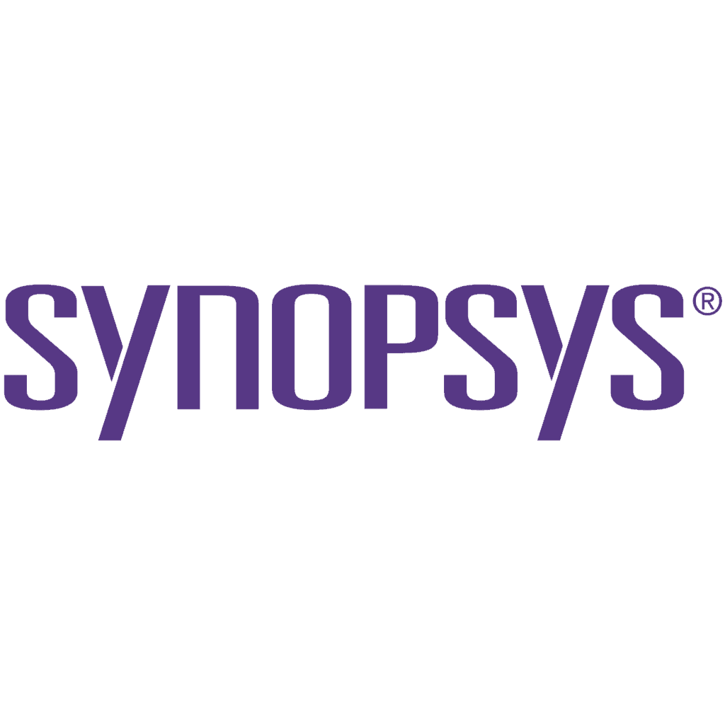Das Bild zeigt das Synopsys-Logo mit dem Markennamen SYNOPSYS in fetten, stilisierten violetten Buchstaben auf einem transparenten Hintergrund.