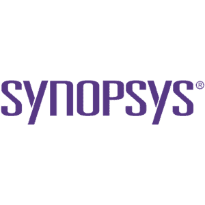 Das Bild zeigt das Synopsys-Logo mit dem Markennamen SYNOPSYS in fetten, stilisierten violetten Buchstaben auf einem transparenten Hintergrund.