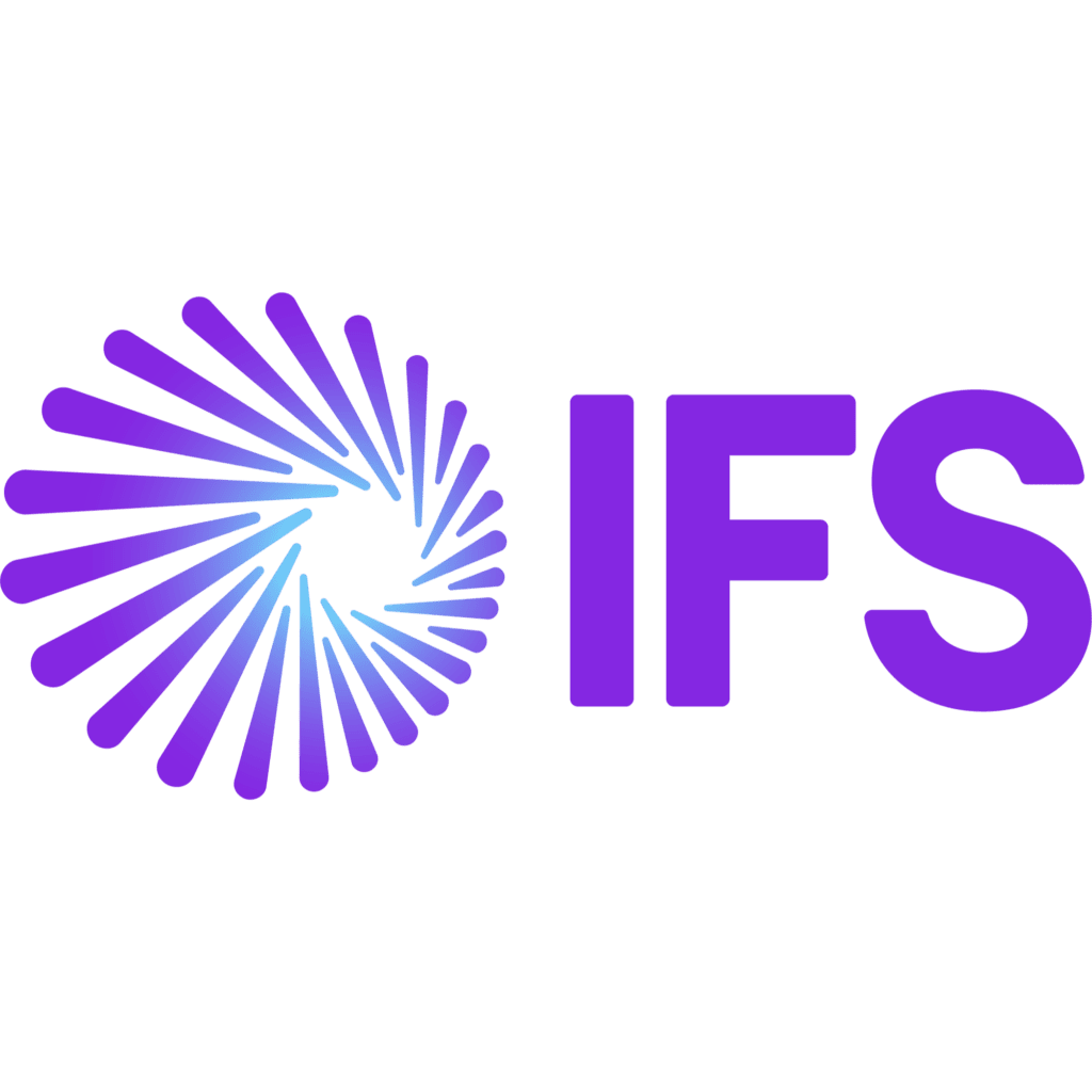 Das Bild zeigt das IFS-Logo mit einem kreisförmigen, strahlend blauen und violetten Muster auf der linken Seite und fetten violetten Buchstaben IFS auf der rechten Seite.