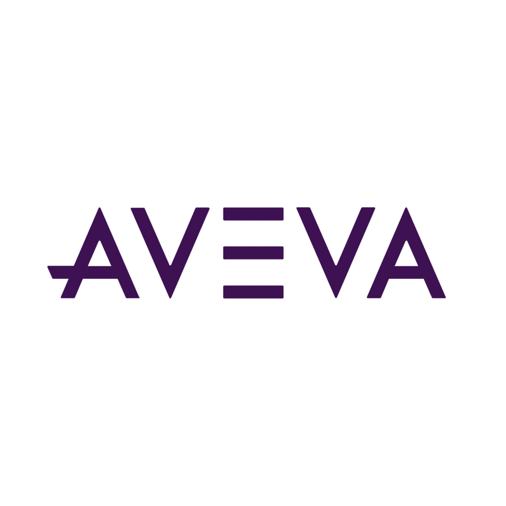 Das Bild zeigt das AVEVA Logo mit dem Markennamen AVEVA in großen, stilisierten, dunklen Buchstaben auf einem transparenten Hintergrund. Das E wird durch drei horizontale Linien dargestellt.