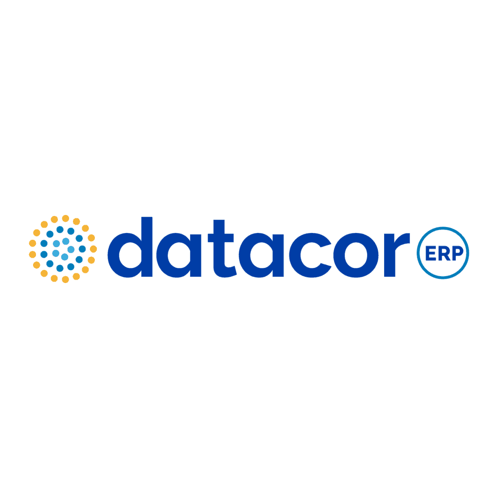 Das Bild zeigt das Datacor-ERP-Logo mit Datacor in blauen Kleinbuchstaben und ERP in einem blauen Kreis, daneben ein gelbes und blau gepunktetes Kreisdesign auf der linken Seite.
